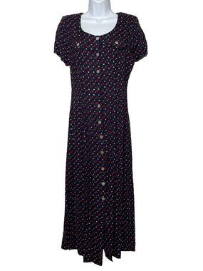 Vintage 90s Byer Too Midi Dress Size 9 Juniors Blue Floral Cherries Button Up